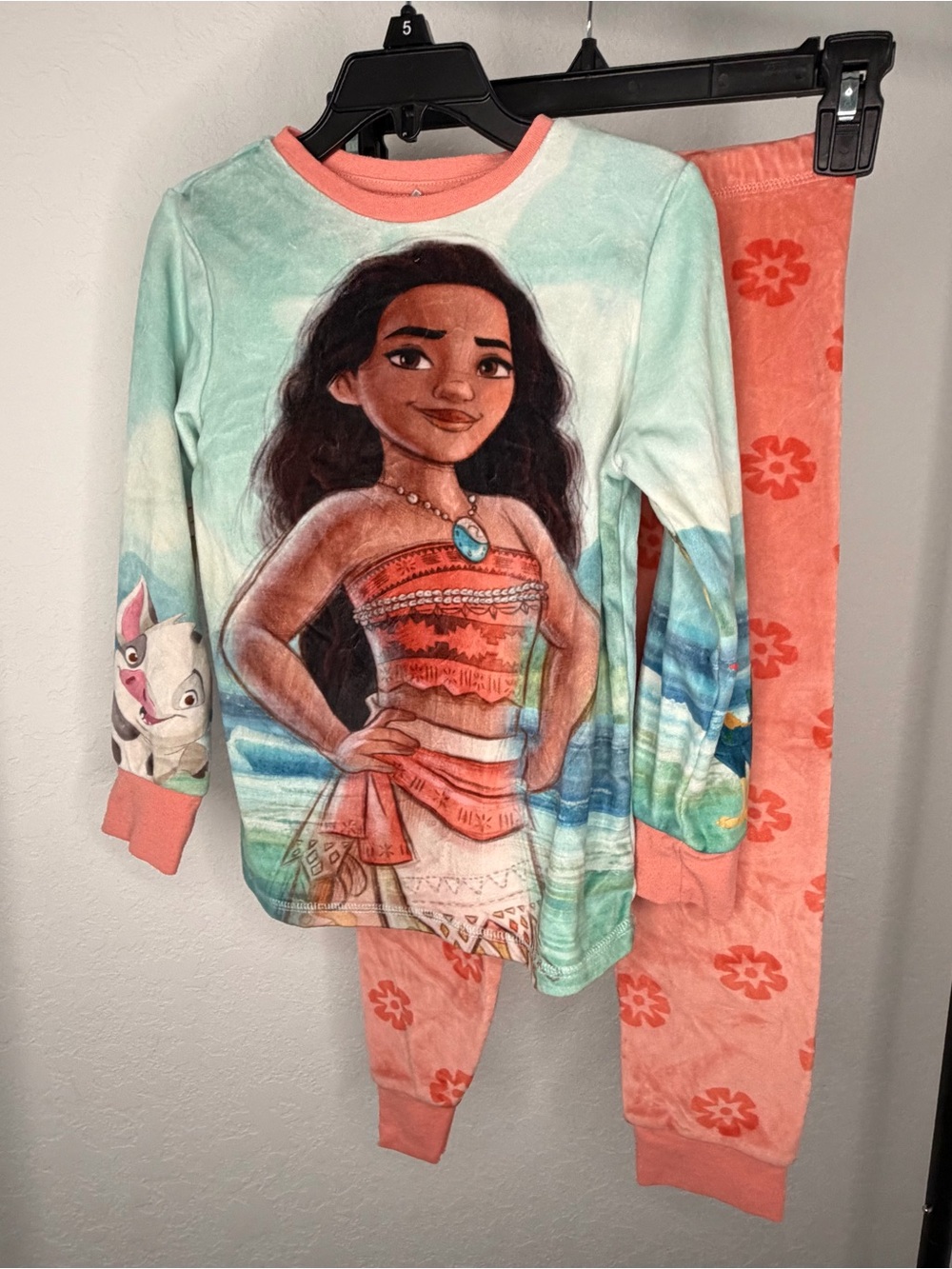 Disney Princess Moana 2pc Long Sleeve Coral/green Pajamas Warm 5/6 Girls